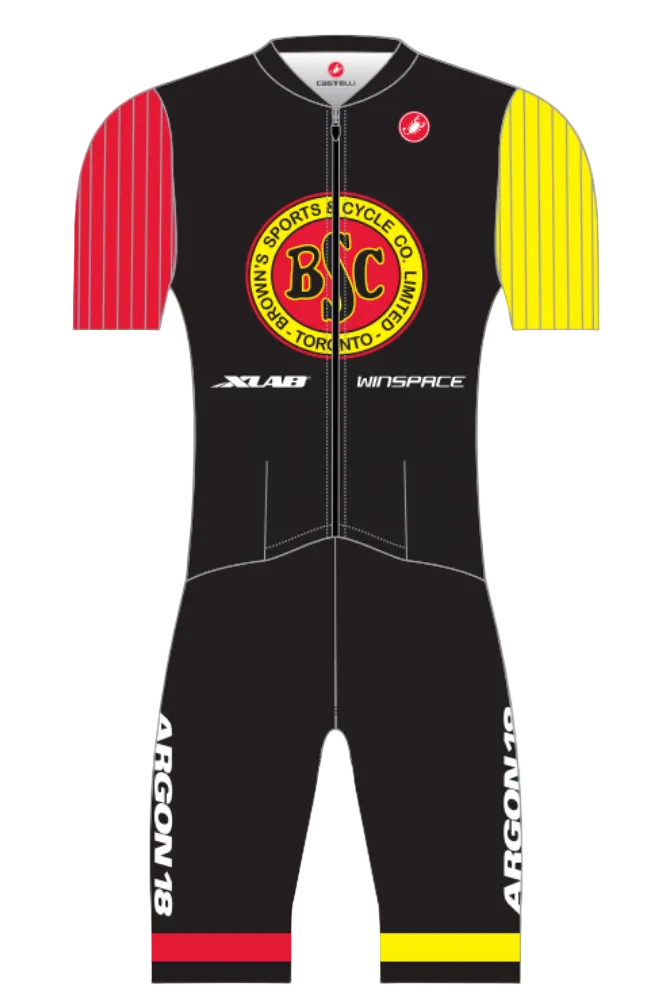 Black cycling suit with red and yellow accents featuring a logo on a white background