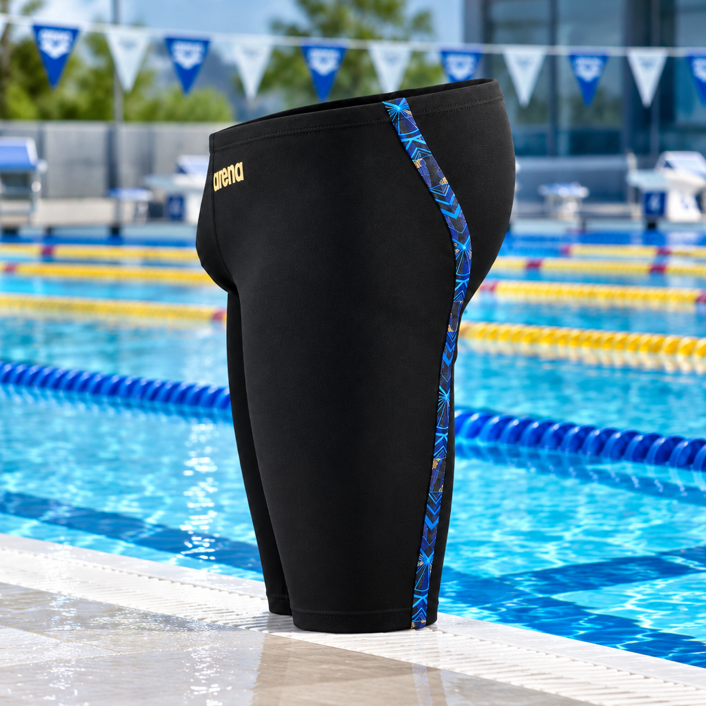 Black Arena swim jammers with blue and gold patterned side piping and a gold Arena logo on the hip, shown against a solid gray background.